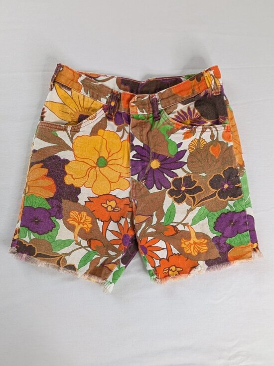 Vintage Pants - VTG Brown Yellow Floral 70s Raw Hem Cutoffs Jean Shorts